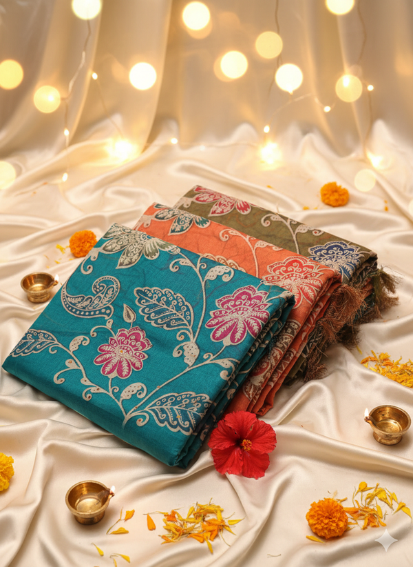 Hand-Embroidered Cotton Floral prints Katha Saree