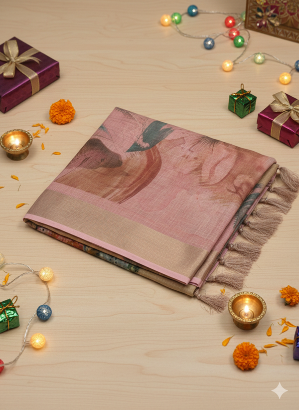 Soft Chanderi Digital Print Pink Color Saree