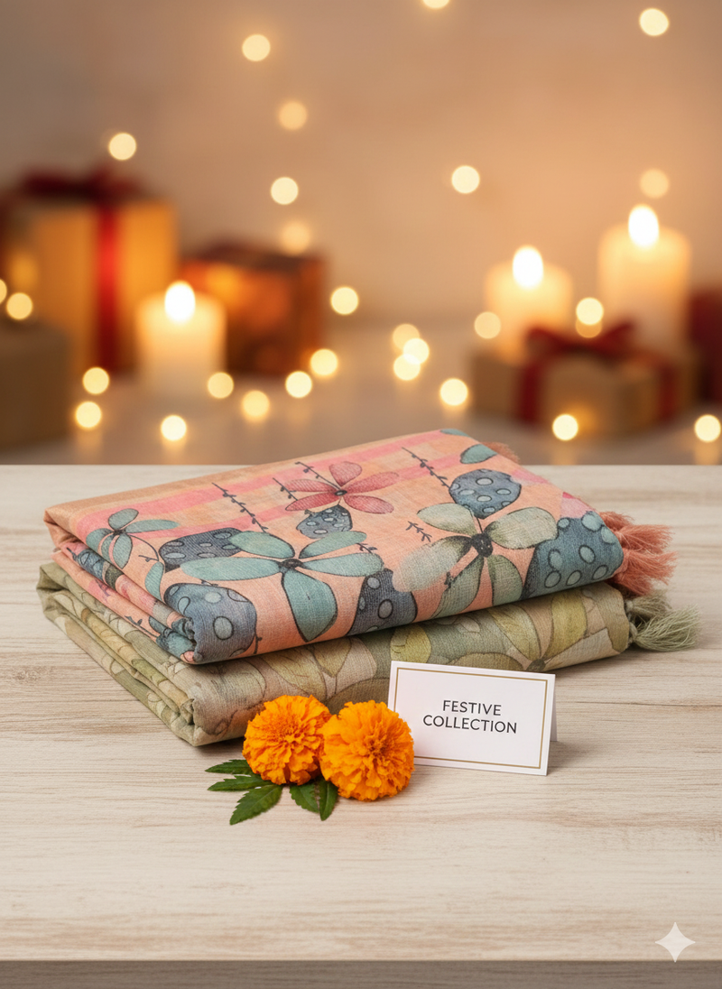 Soft Chanderi Digital Print Pink and Beige Color Sarees