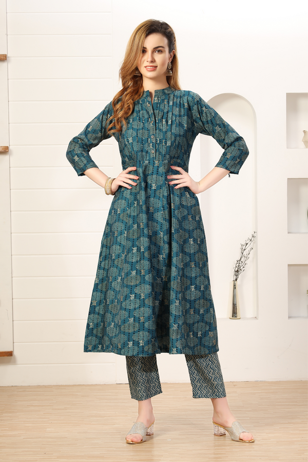 Women's Regular Fit Printed Muslin Silk Anarkali Kurti Set 3485 Green