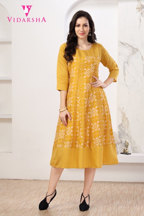 Digital-Printed A Line Muslin Cotton Yellow Kurti 3494