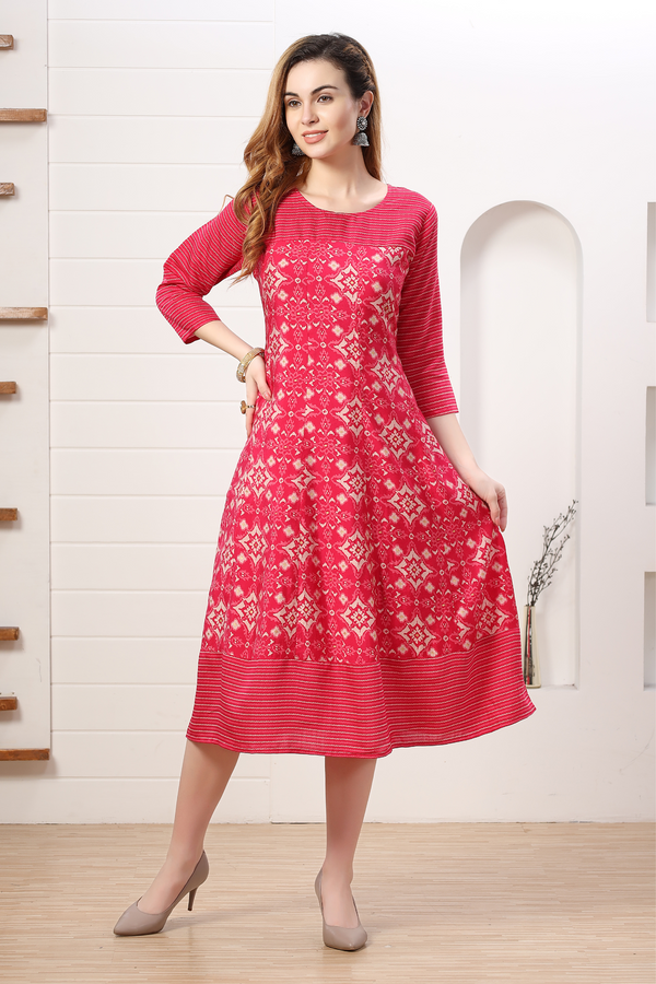 Digital-Printed A-Line Premium Muslin Silk Pink Kurti 3494