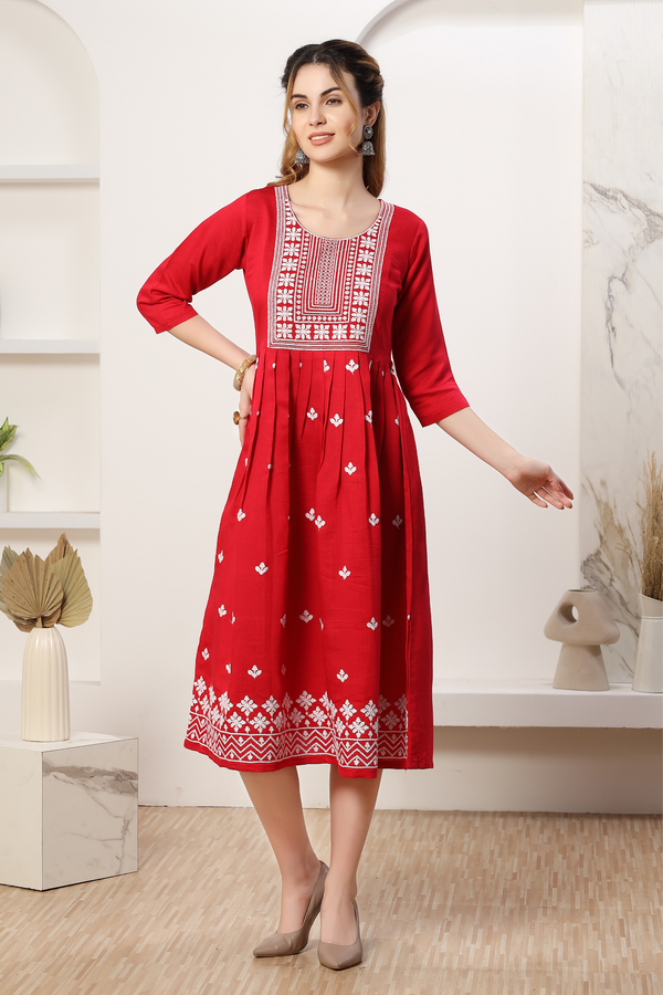 Digital-Printed Straight Premium Rayon red Kurti 3449