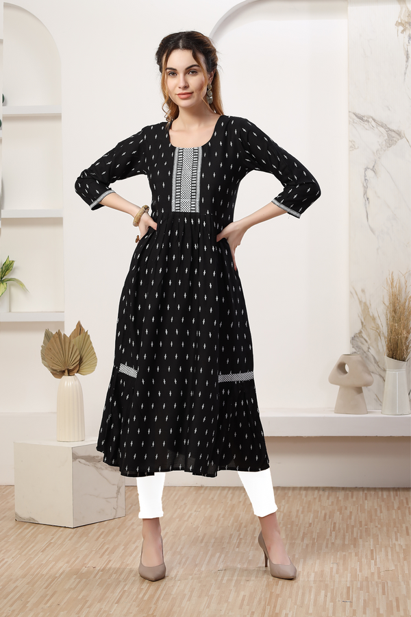 Women Printed Straight Premium Rayon Black Kurti 3459