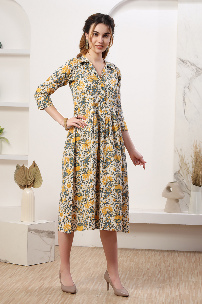 Women Floral Printed Premium Linen Cotton Yellow Kurti 3508