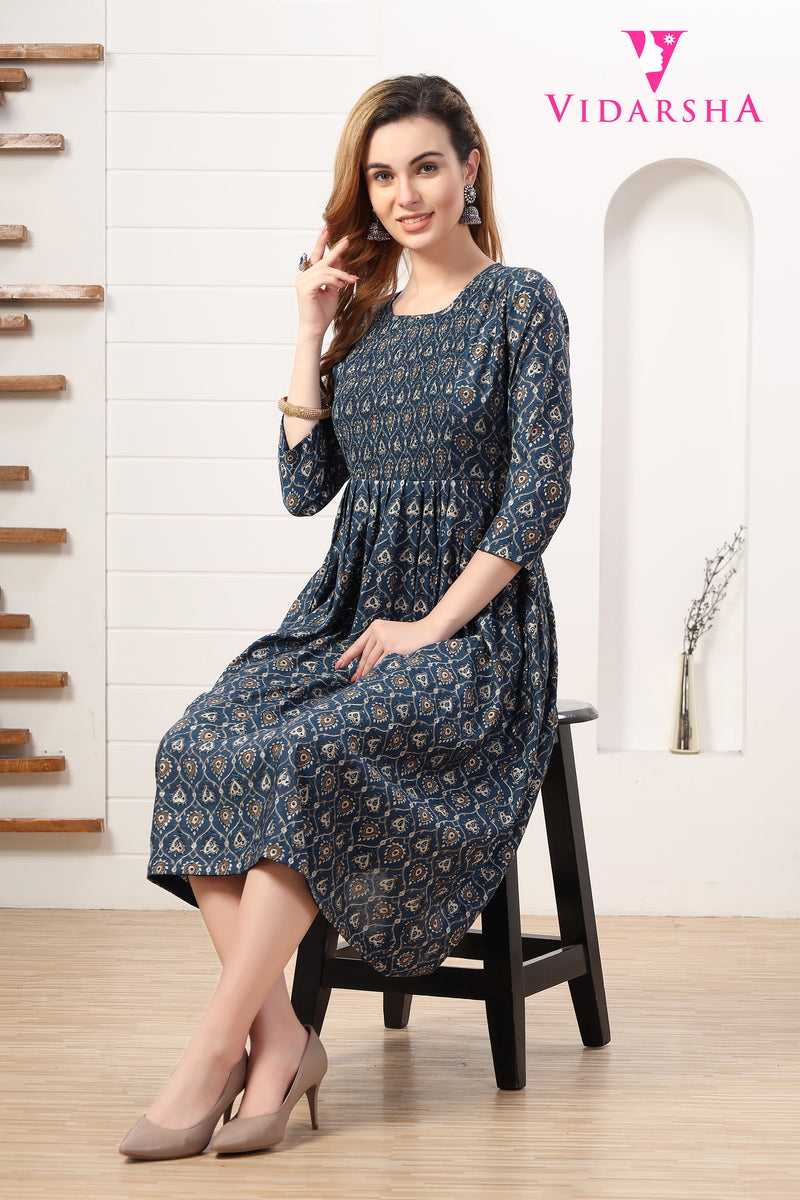 Full Printed Modal Chanderi Anarkali Kurti - Navy Blue 3493