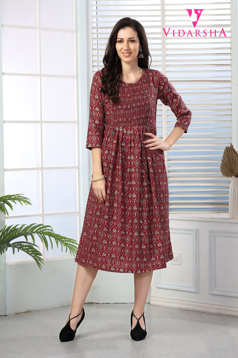 Full Printed Modal Chanderi Anarkali Kurti - Red 3493