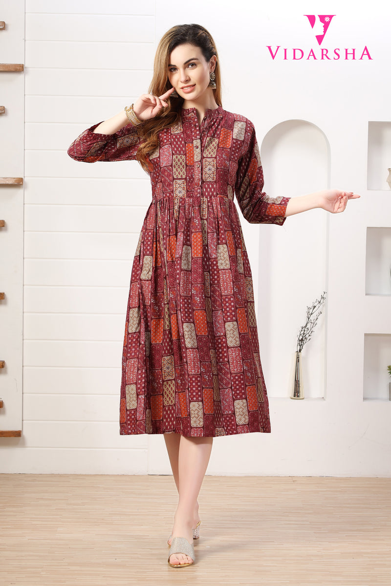 Model Chanderi Printed A-Line With Contemporary Design - Red shaded 3500