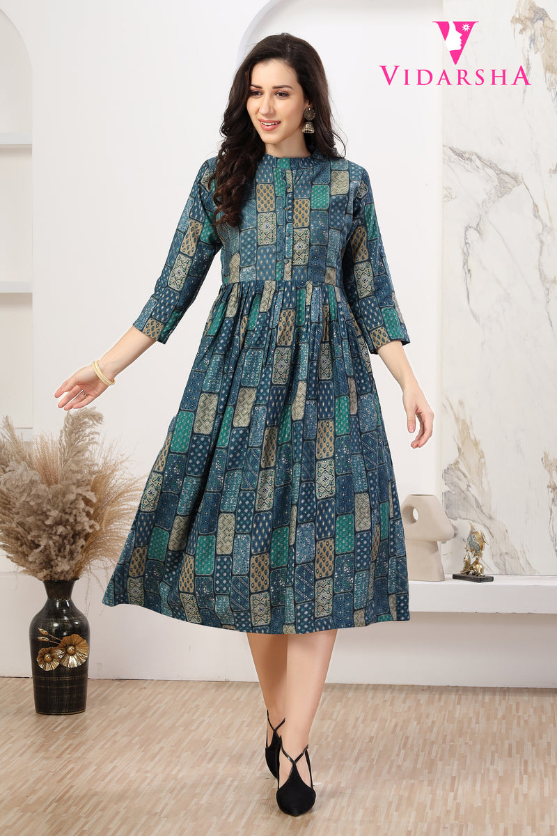 Model Chanderi Printed A-Line With Contemporary Design - Green 3500